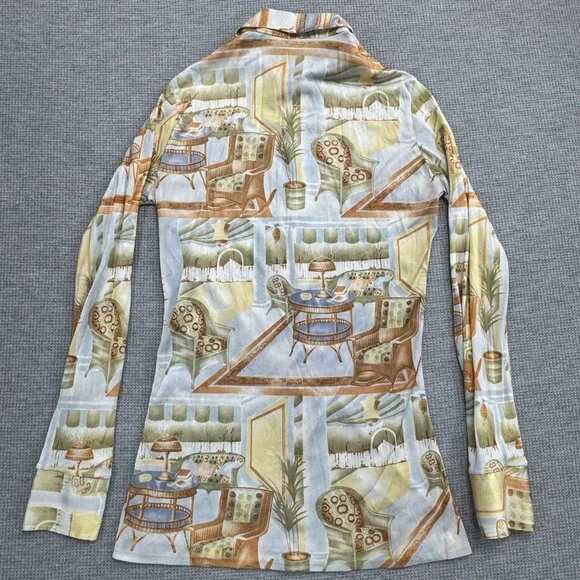 Vintage 70s Long Sleeve Collared Shirt With Retro Interior Design Print Size 7/8 - Picture 2 of 11